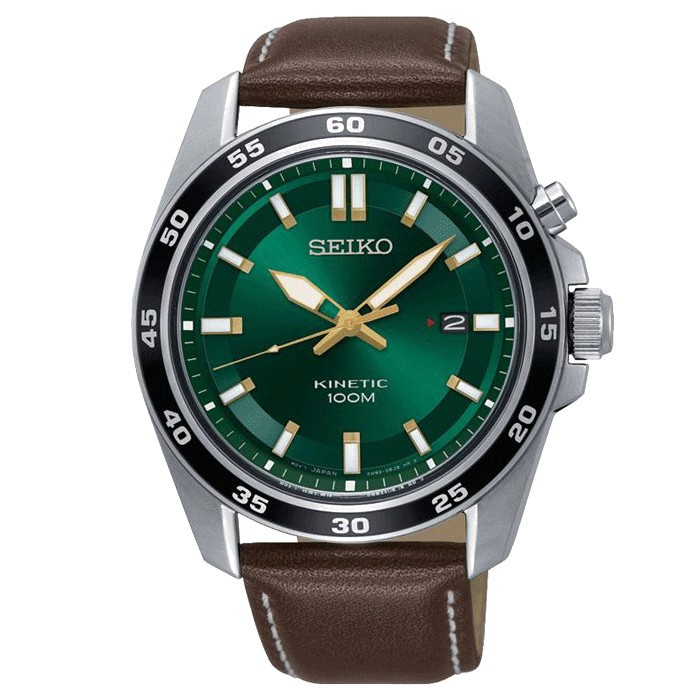 Montre Seiko Sport Kinetic Acier Cadran Vert Bracelet Cuir Brun Mm