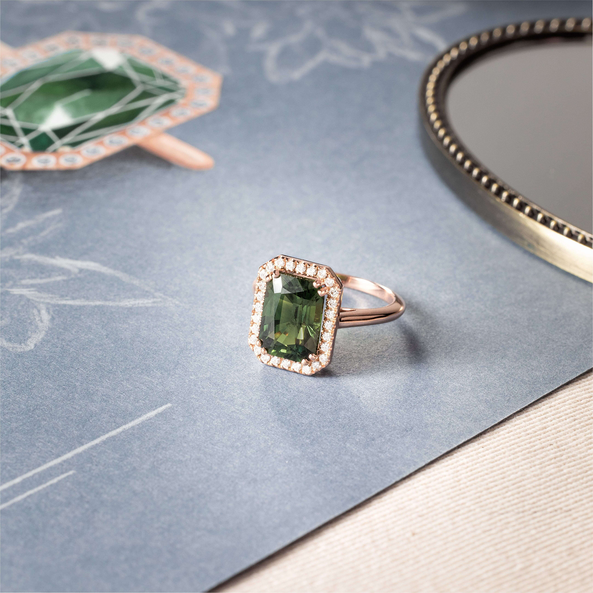 Bague Marie Lou En Or Rose Saphir Vert Et Diamants Lepage