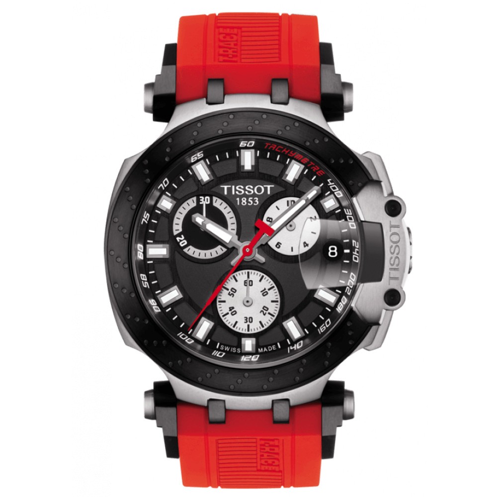 Tissot T Race Chronograph quartz watch black dial red silicone strap 43 mm