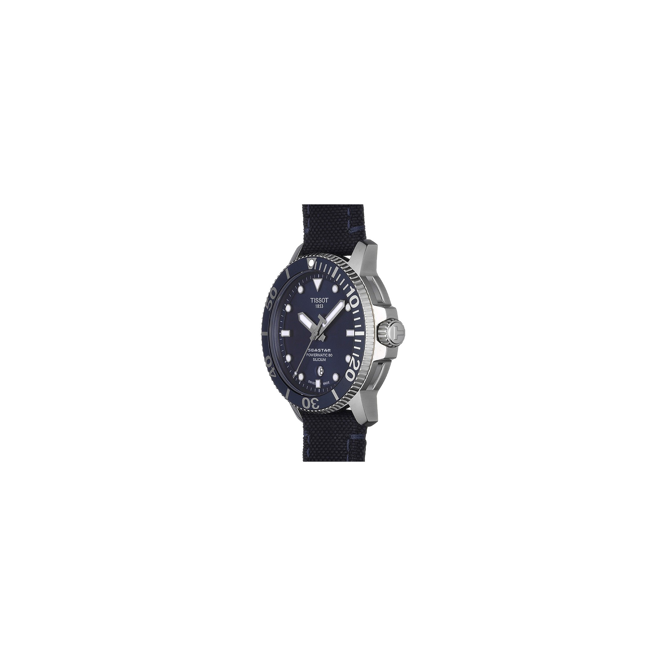 Tissot T Sport Seastar 1000 Powermatic 80 Silicium watch blue dial blue textile strap 43 mm