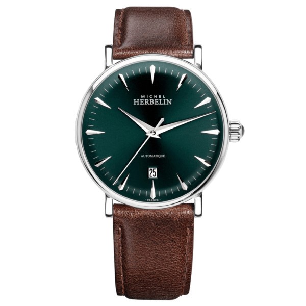 Montre Michel Herbelin Inspiration automatique cadran vert bracelet cuir marron 40 mm 1647/AP16BR