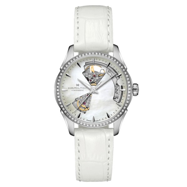 Montre Hamilton Jazzmaster Open Heart Lady automatique lunette sertie cadran nacre bracelet cuir blanc 36 mm