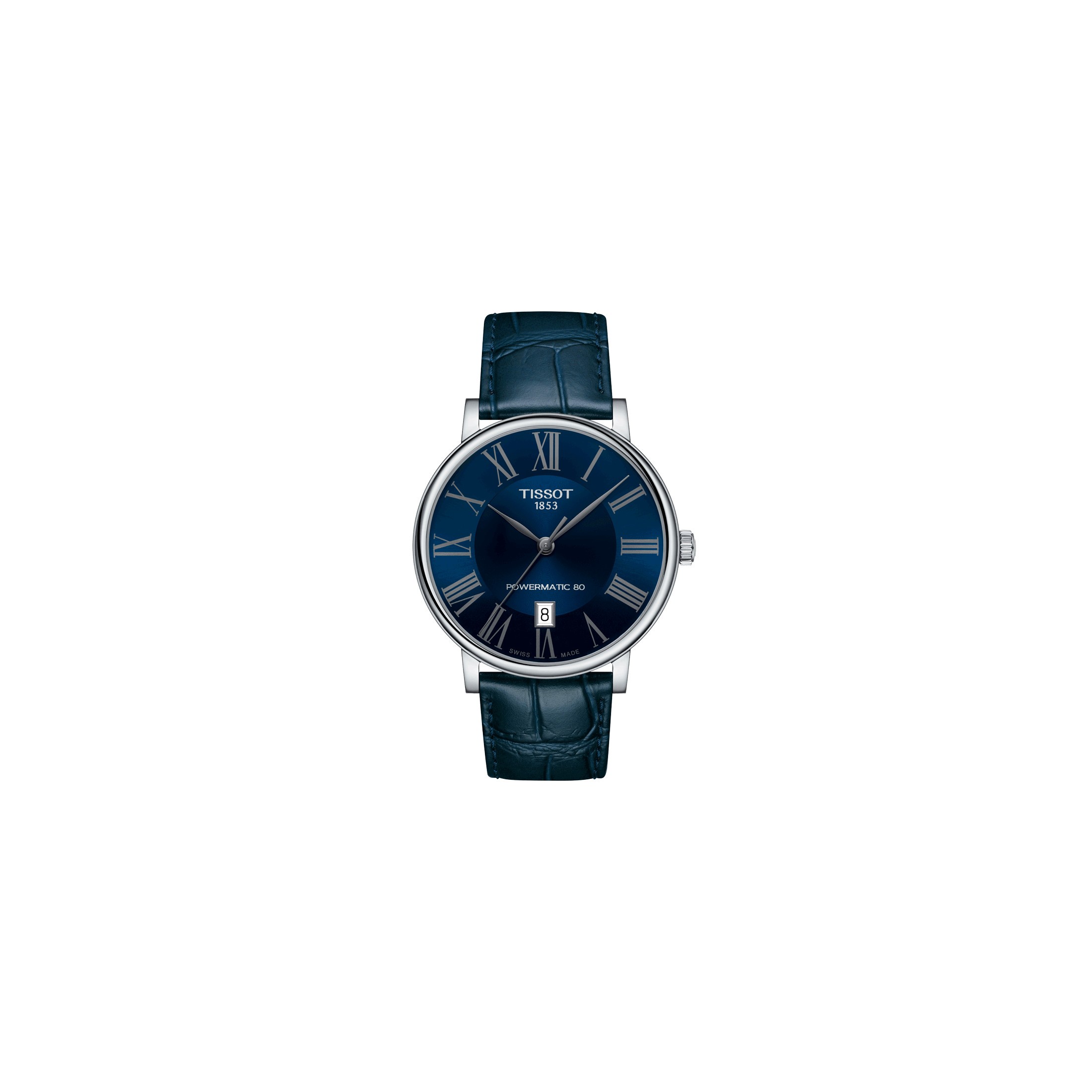 Tissot T Classic Carson Premium Powermatic 80 watch blue dial blue leather strap 40 mm