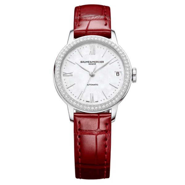 Baume et Mercier Classima auto watch mother of pearl dial red