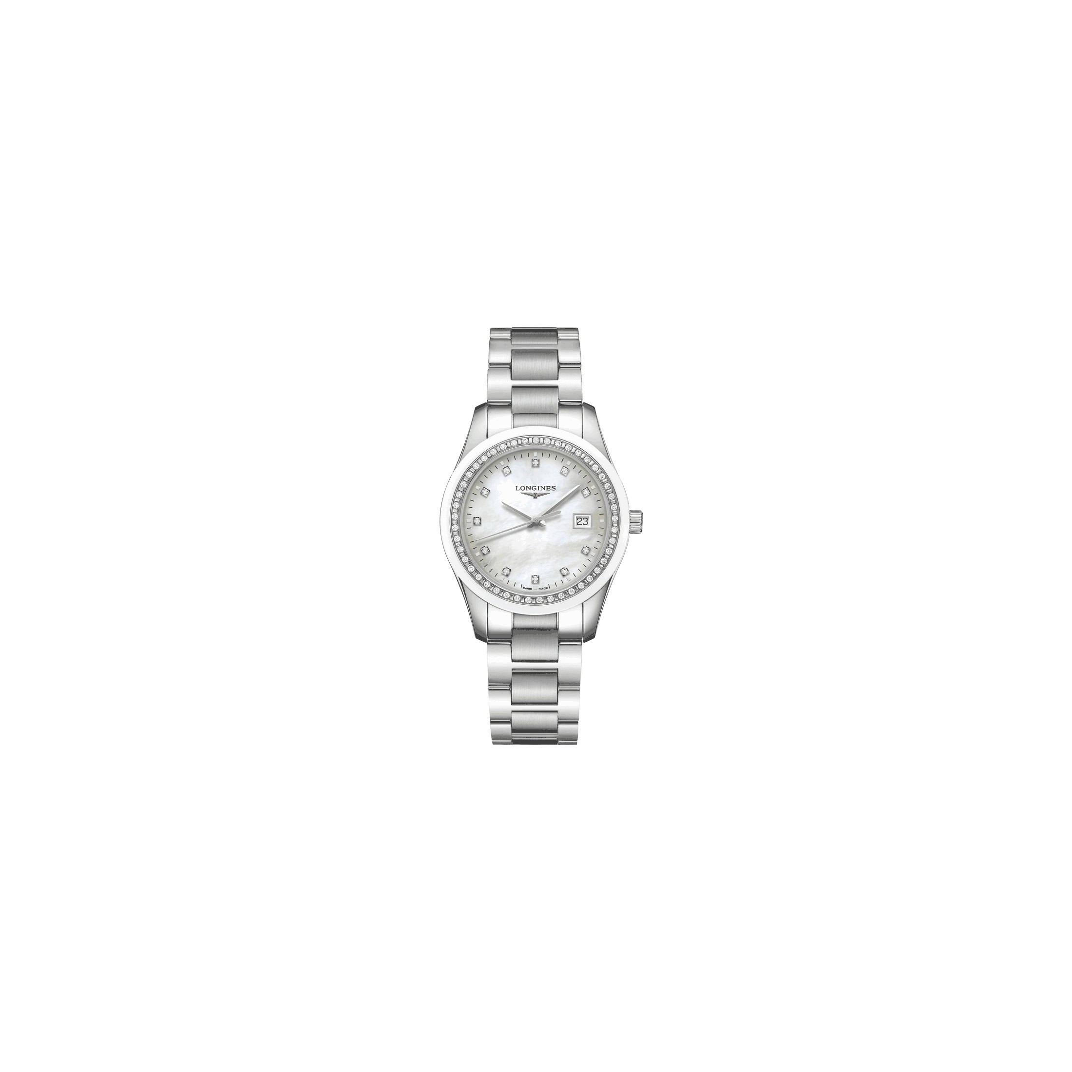 Longines Conquest Classic mother of pearl quartz watch with 36mm stainless steel bracelet