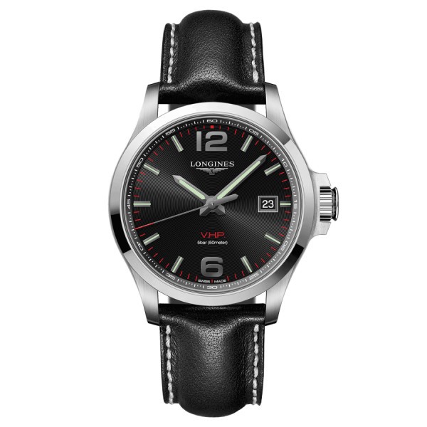 Longines Conquest V.H.P. watch quartz black dial 43mm leather strap