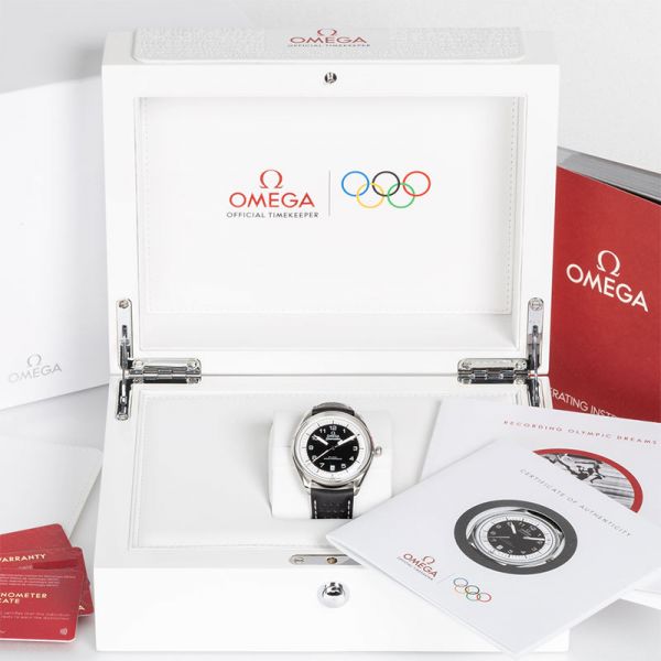 Omega Seamaster Olympic Games watch white dial black leather strap