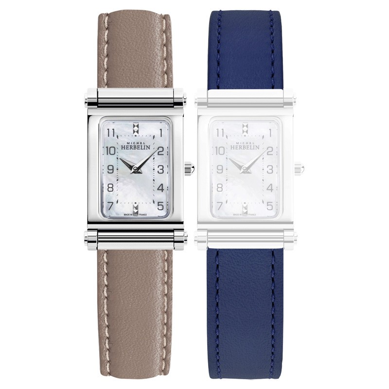 Michel Herbelin Antarès box quartz watch white dial grey and blue leather  strap