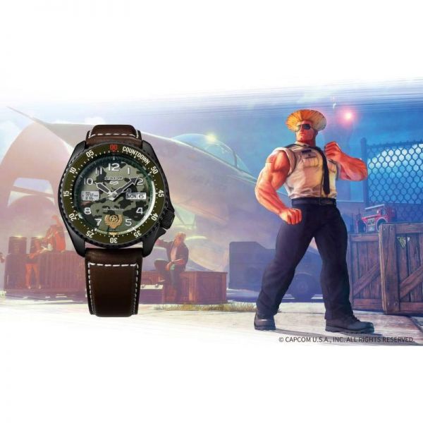 Seiko 5 Street Fighter GUILE automatic watch khaki dial brown leather strap 42 5 mm