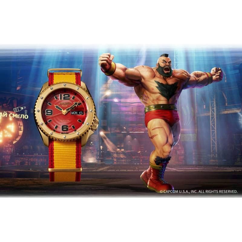 Seiko 5 Street Fighter ZANGIEF automatic watch red dial yellow NATO bracelet 42 5 mm