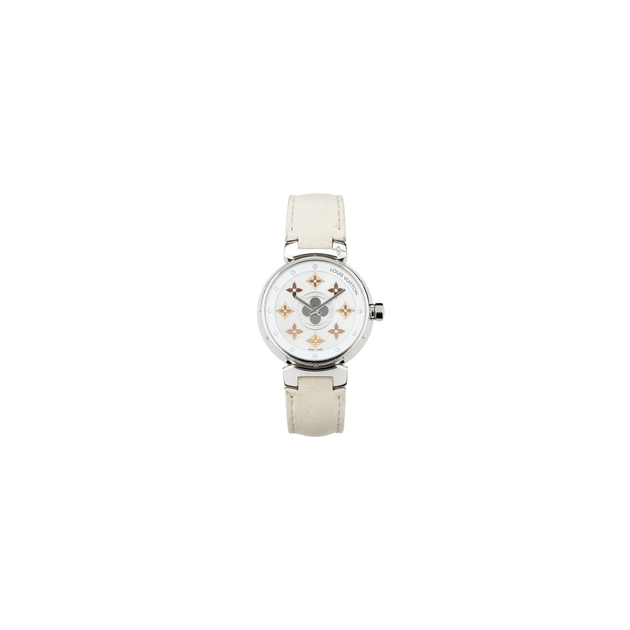 Louis Vuitton Tambour, A Stainless Steel Quartz Wristwatch with Mother of Pearl Diamond Dial, Womens Watch
