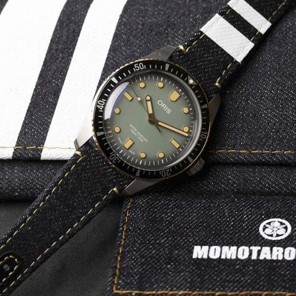 Oris x Momotaro automatic watch green dial denim bracelet 40 mm