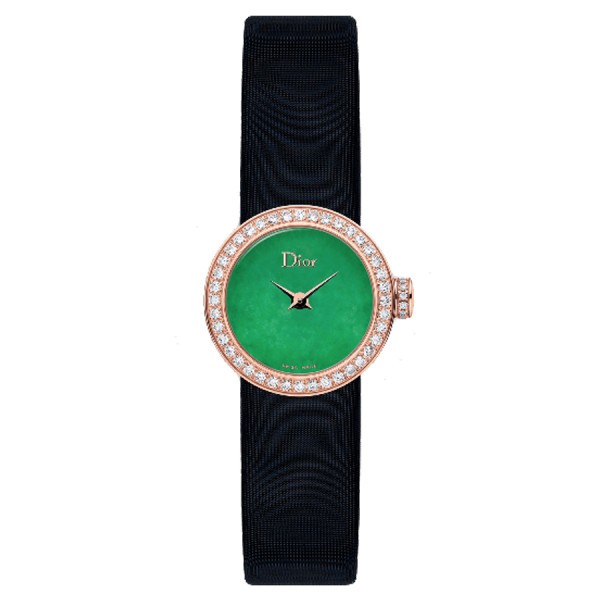 Mini D watch by Dior quartz green dial bezel set black satin strap 19 mm CD040170A003