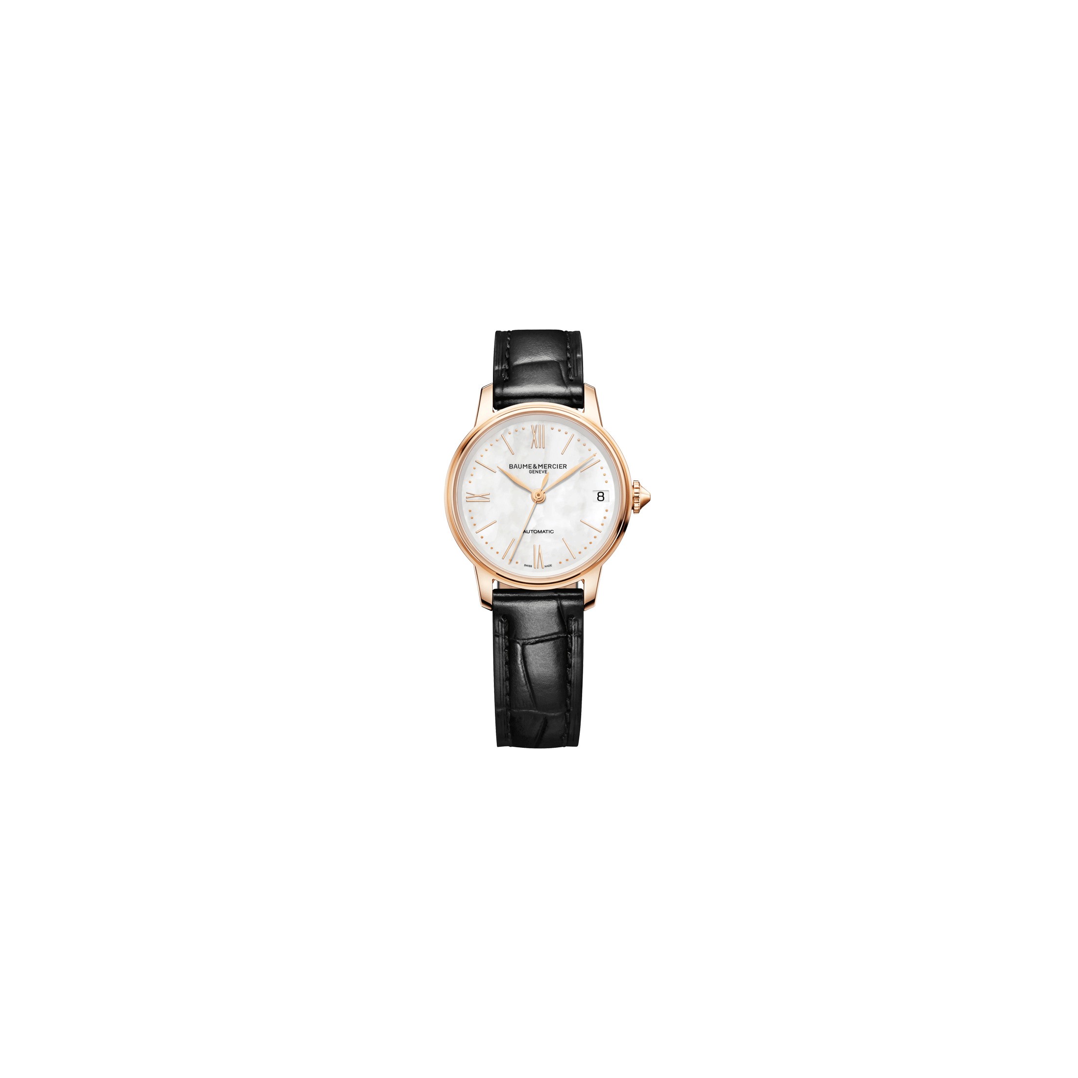 Baume et Mercier Classima automatic pink gold watch white mother of pearl dial black leather strap 31 mm