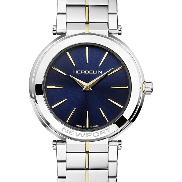 Michel Herbelin Newport Slim PVD yellow gold quartz watch blue dial steel bracelet and PVD yellow gold 32 mm