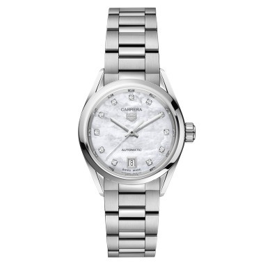 TAG Heuer Ladies Carrera Calibre 9 automatic watch white mother of pearl dial diamonds index steel bracelet 29 mm