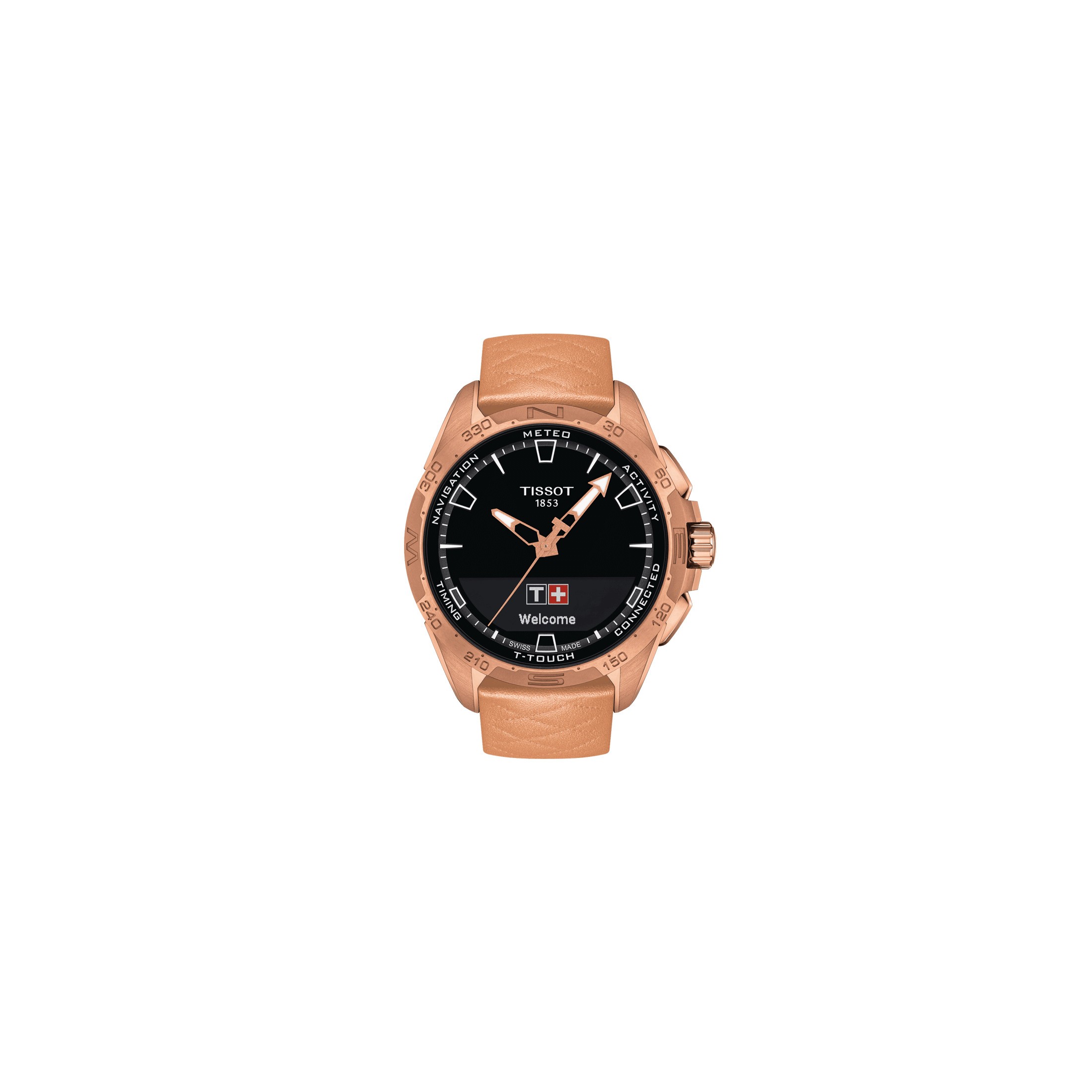 Tissot T Touch Connect Solar PVD Rose Gold watch with pink leather strap 47 5 mm