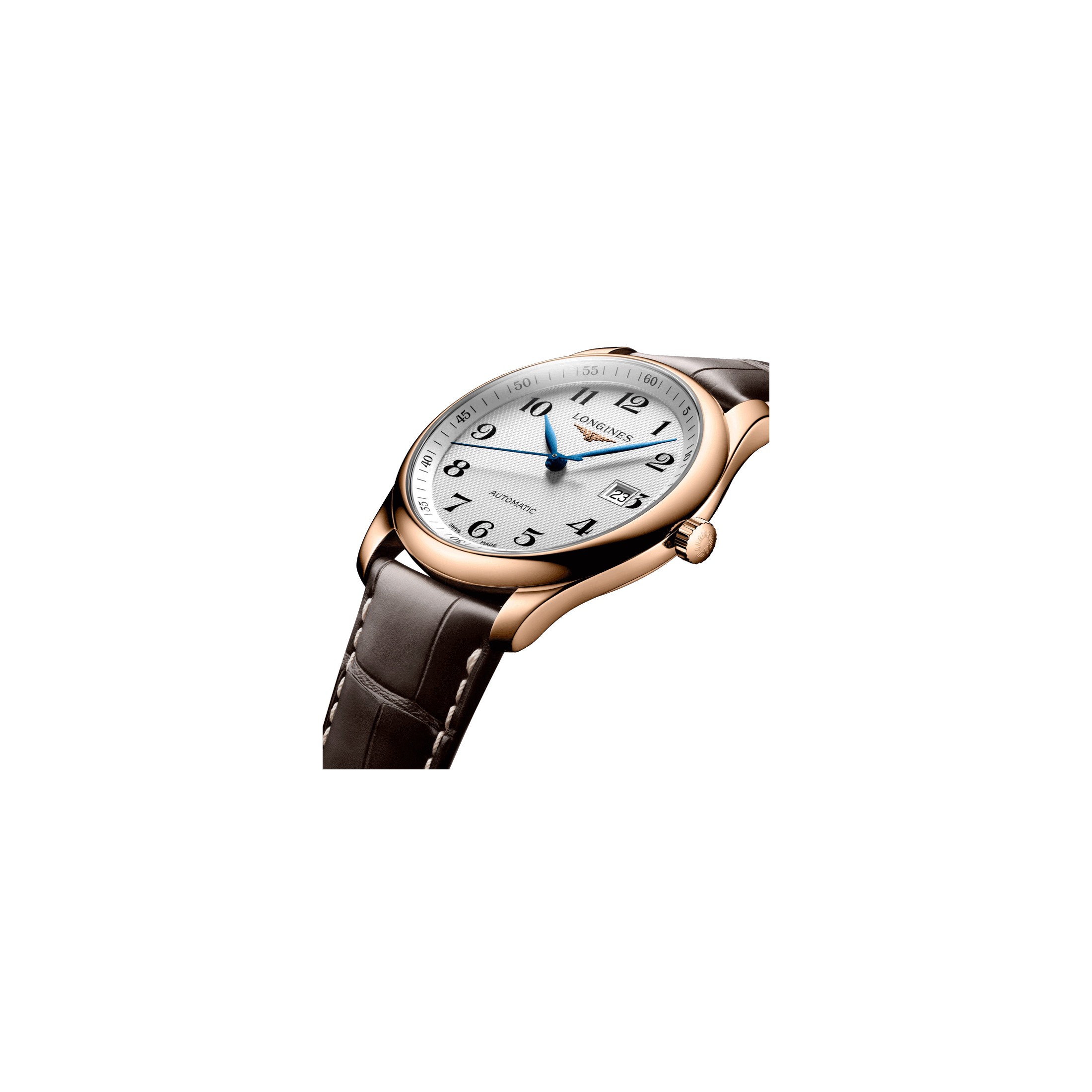 Longines Master Collection automatic watch rose gold silver dial brown leather strap 40 mm