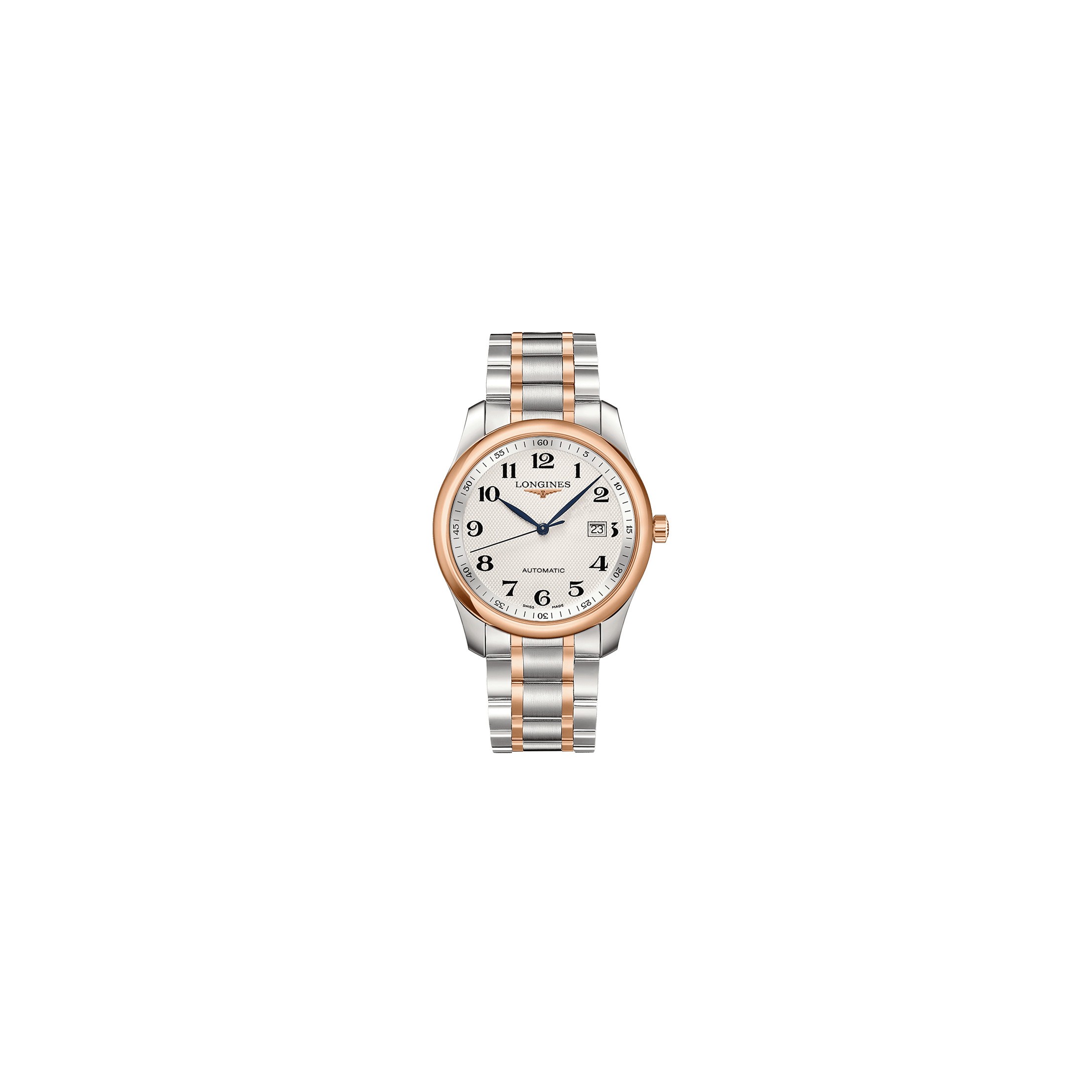 Longines Master Collection automatic watch with Arabic indexes silver dial steel and pink gold bracelet 40 mm