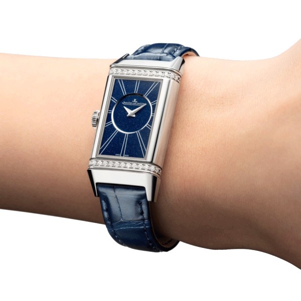 Jaeger LeCoultre Reverso One Duetto watch silver dial blue strap