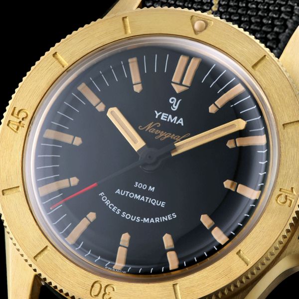 Yema Navygraf Forces Sous Marines Bronze automatic watch black dial black NATO parachute strap 38 5 mm