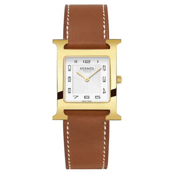 Montre HERMÈS Heure H Moyen Modèle plaqué or jaune quartz cadran blanc bracelet cuir marron 30 mm