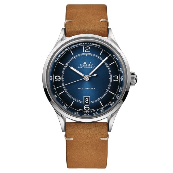 Mido Multifort Patrimony automatic watch blue dial brown leather strap 40 mm M040.407.16.040.00