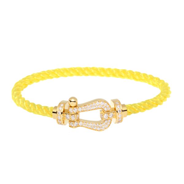 Fred Force 10 large model bracelet in yellow gold, diamond-paved and fluorescent yellow cable