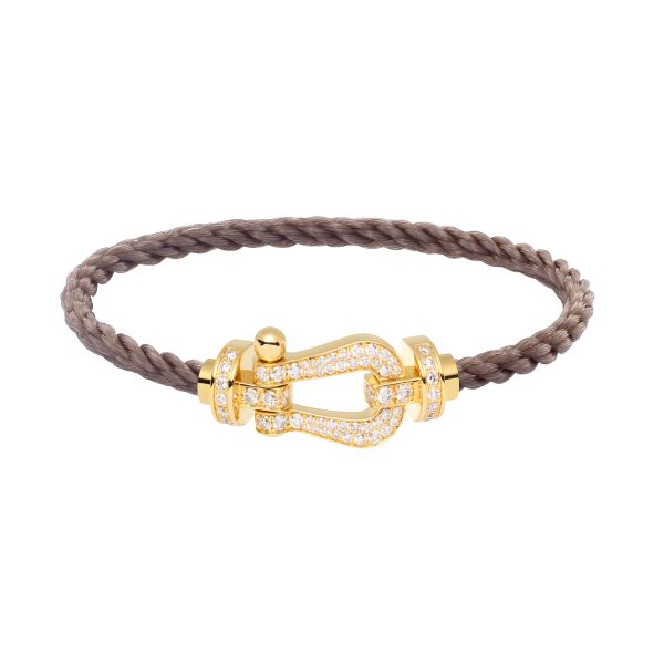 Fred Force 10 large model bracelet in yellow gold, diamond-paved and taupe cable