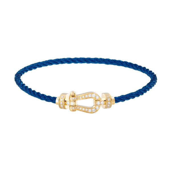 Fred Force 10 bracelet medium model in yellow gold, diamond-paved and jean blue cable