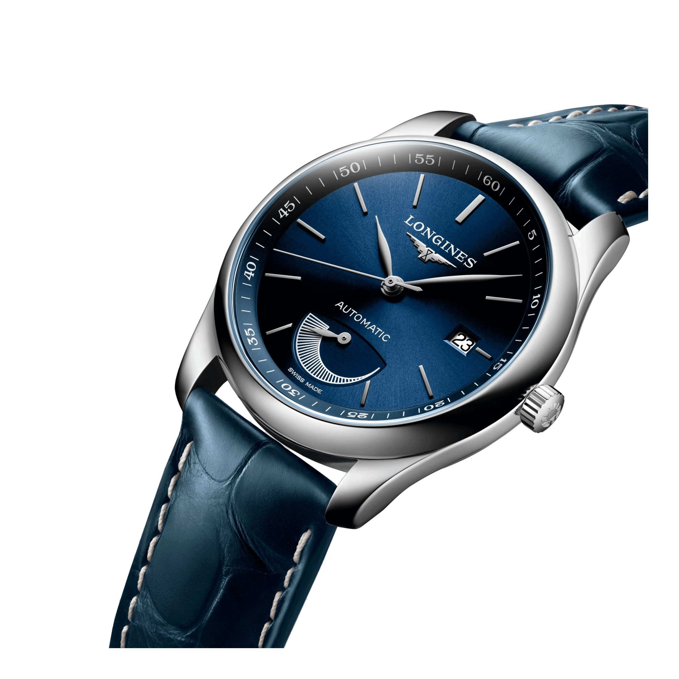 Longines Master Collection automatic power reserve watch blue dial blue alligator strap 40 mm