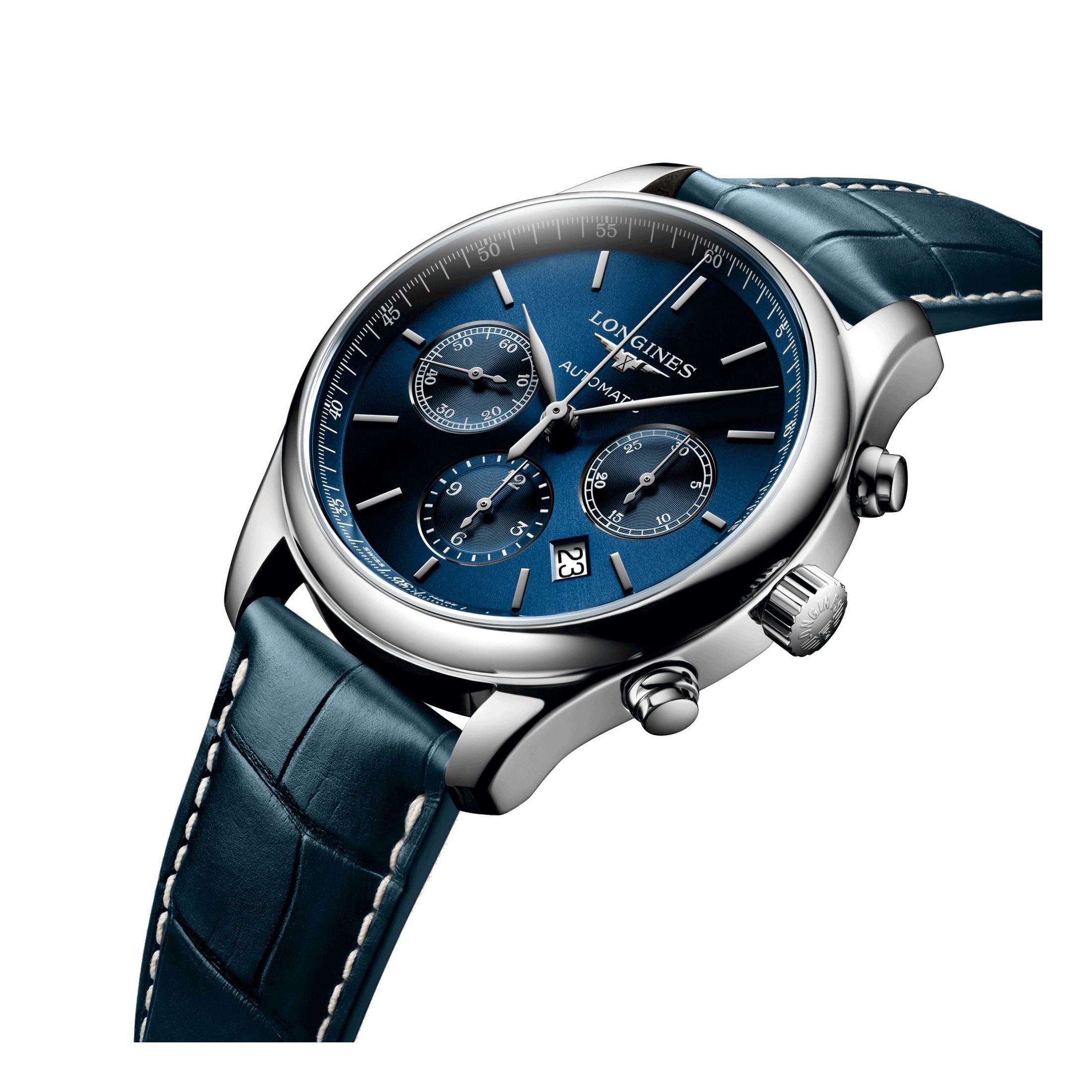 Longines Master Collection auto chrono watch blue dial alligator