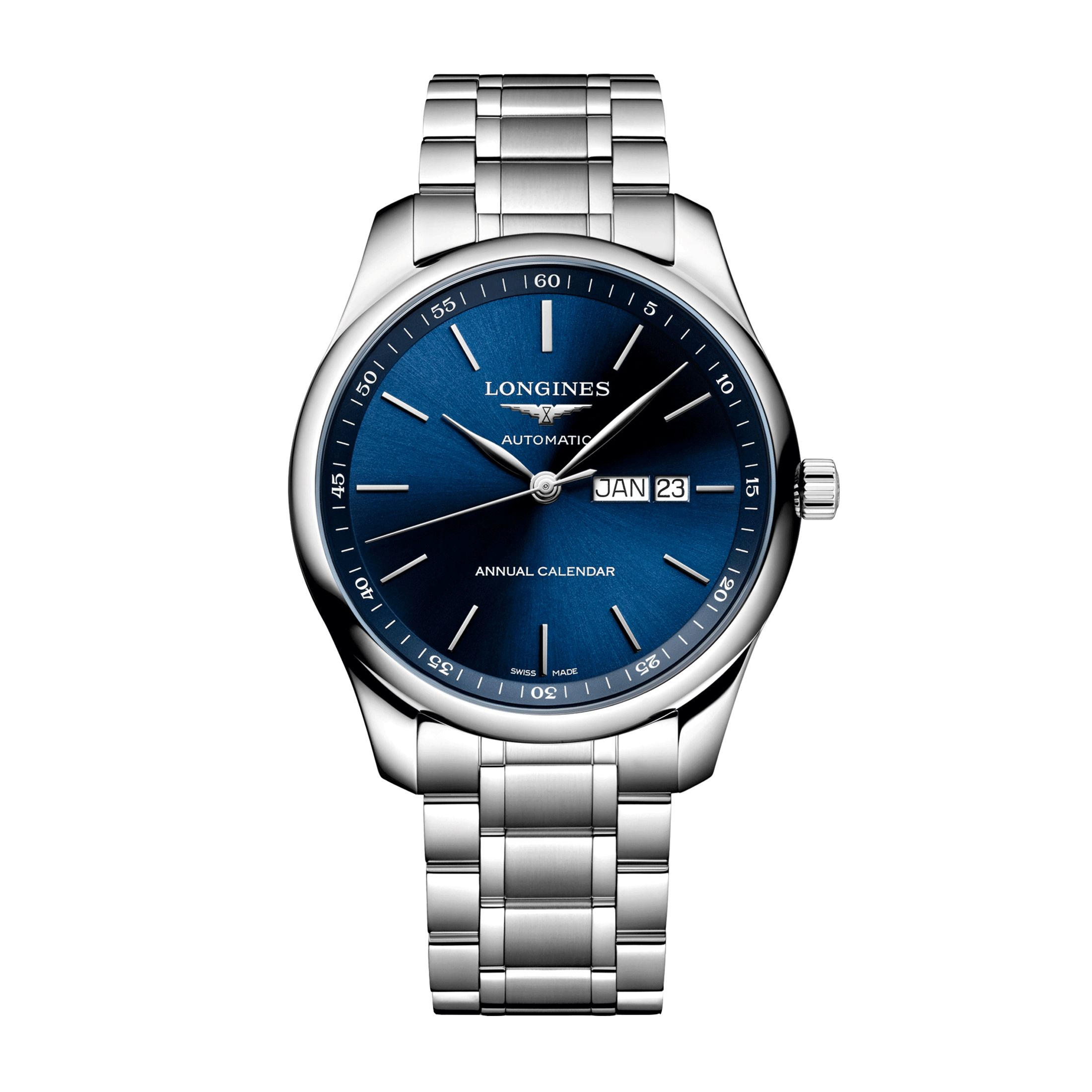 Montre Longines Master Collection Annual Calendar automatique cadran bleu bracelet acier 42 mm