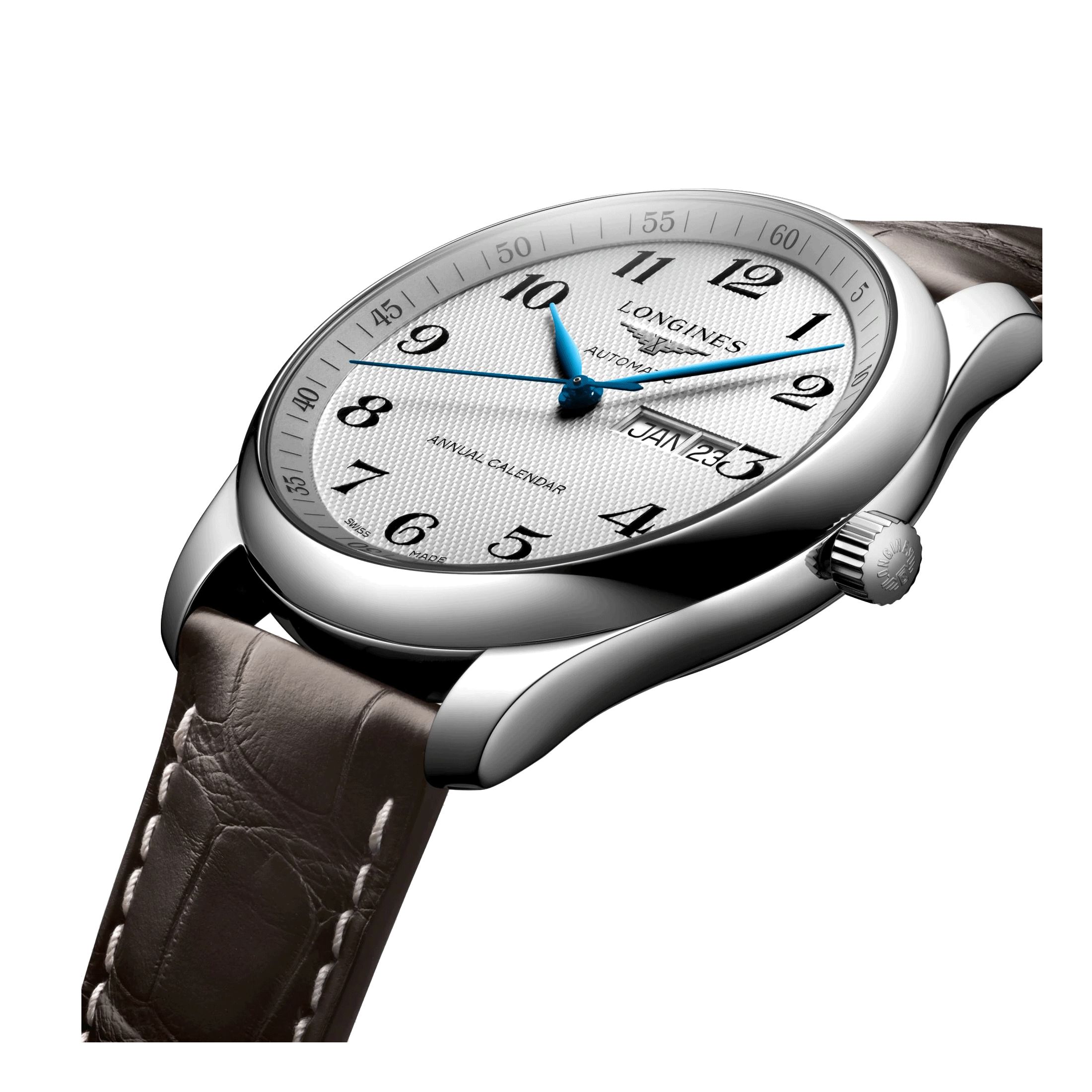 Montre Longines Master Collection Annual Calendar automatique cadran argent bracelet cuir brun 42 mm