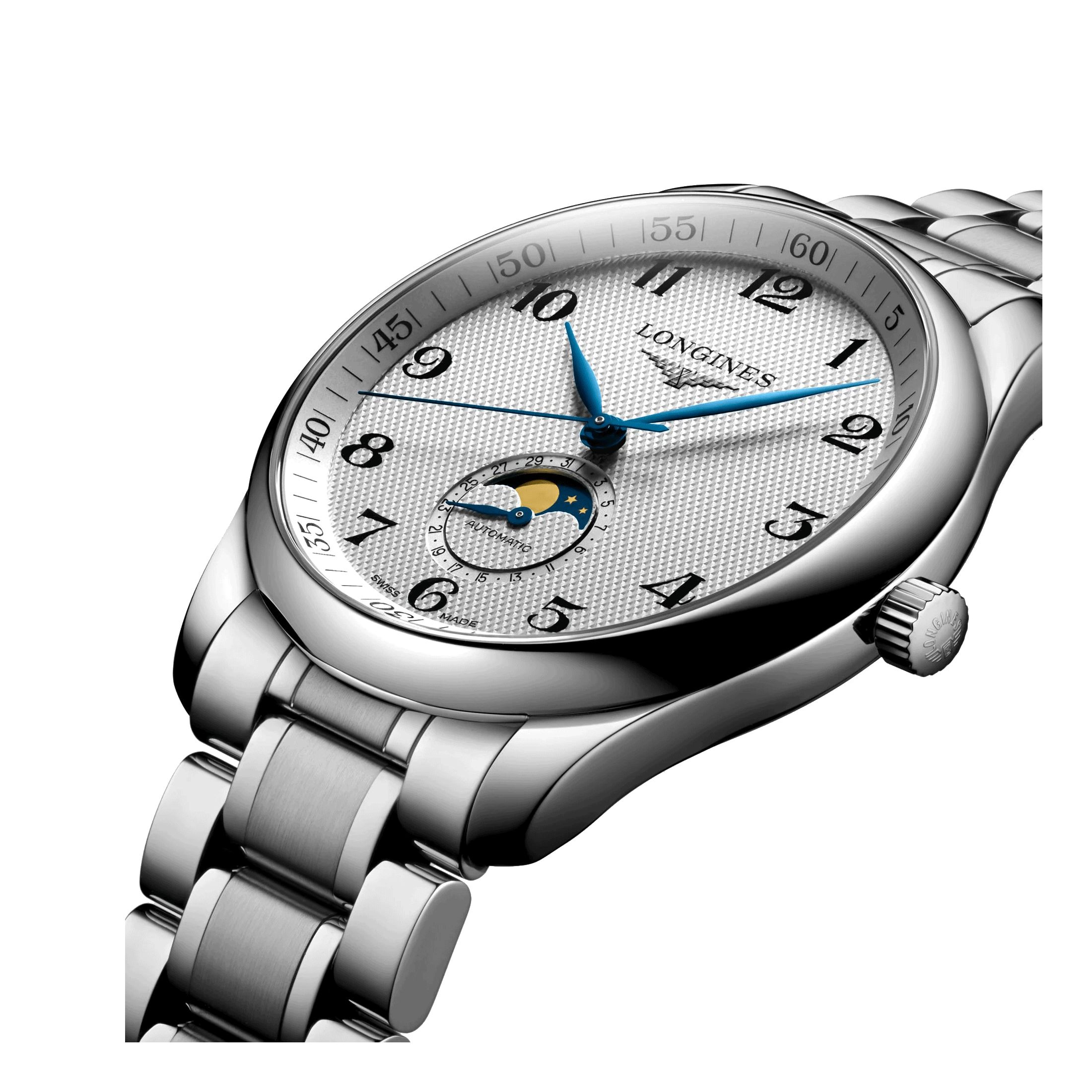 Montre Longines Master Collection automatique cadran argent phases de lune bracelet acier 42 mm