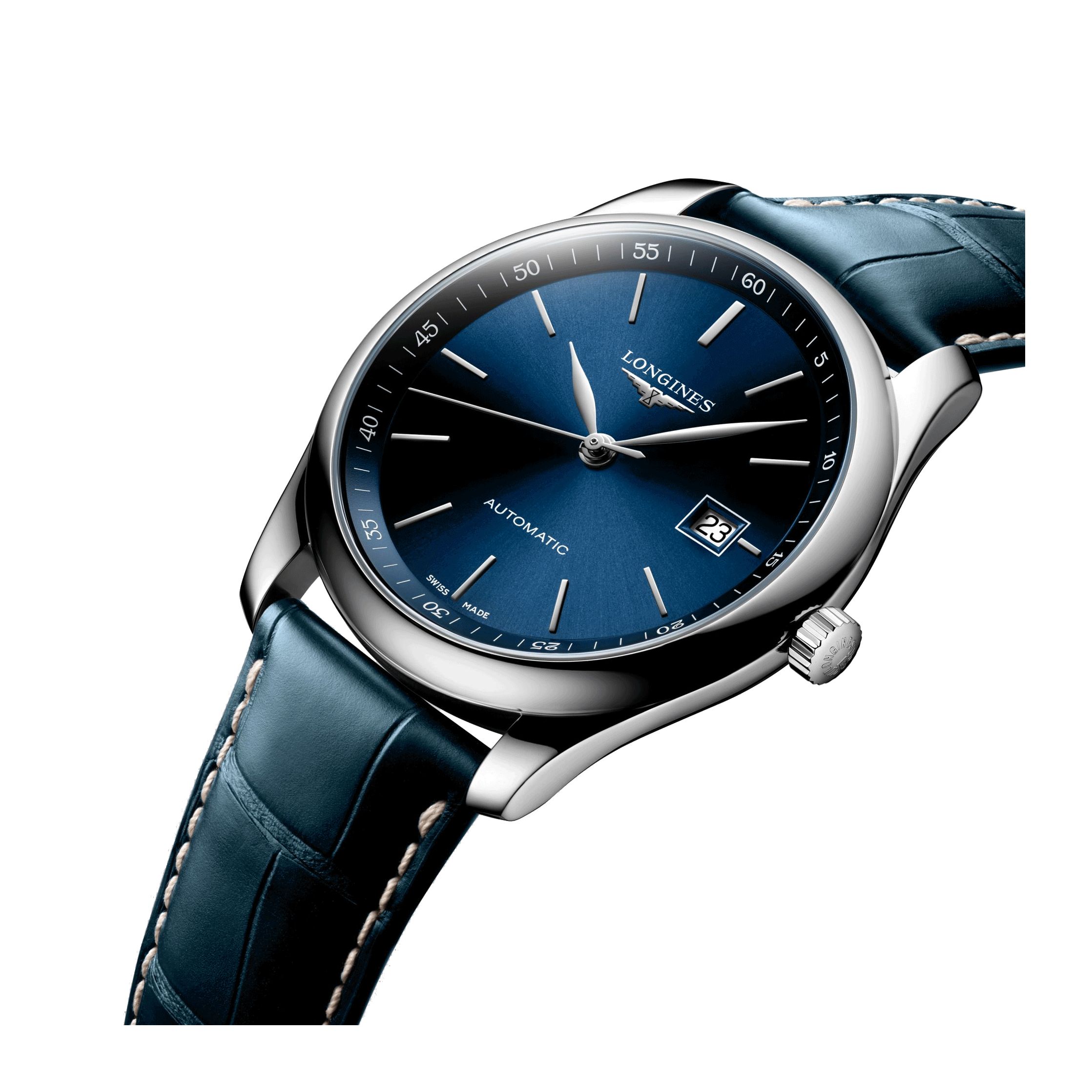 Longines Master Collection automatic watch blue dial blue leather strap 40 mm