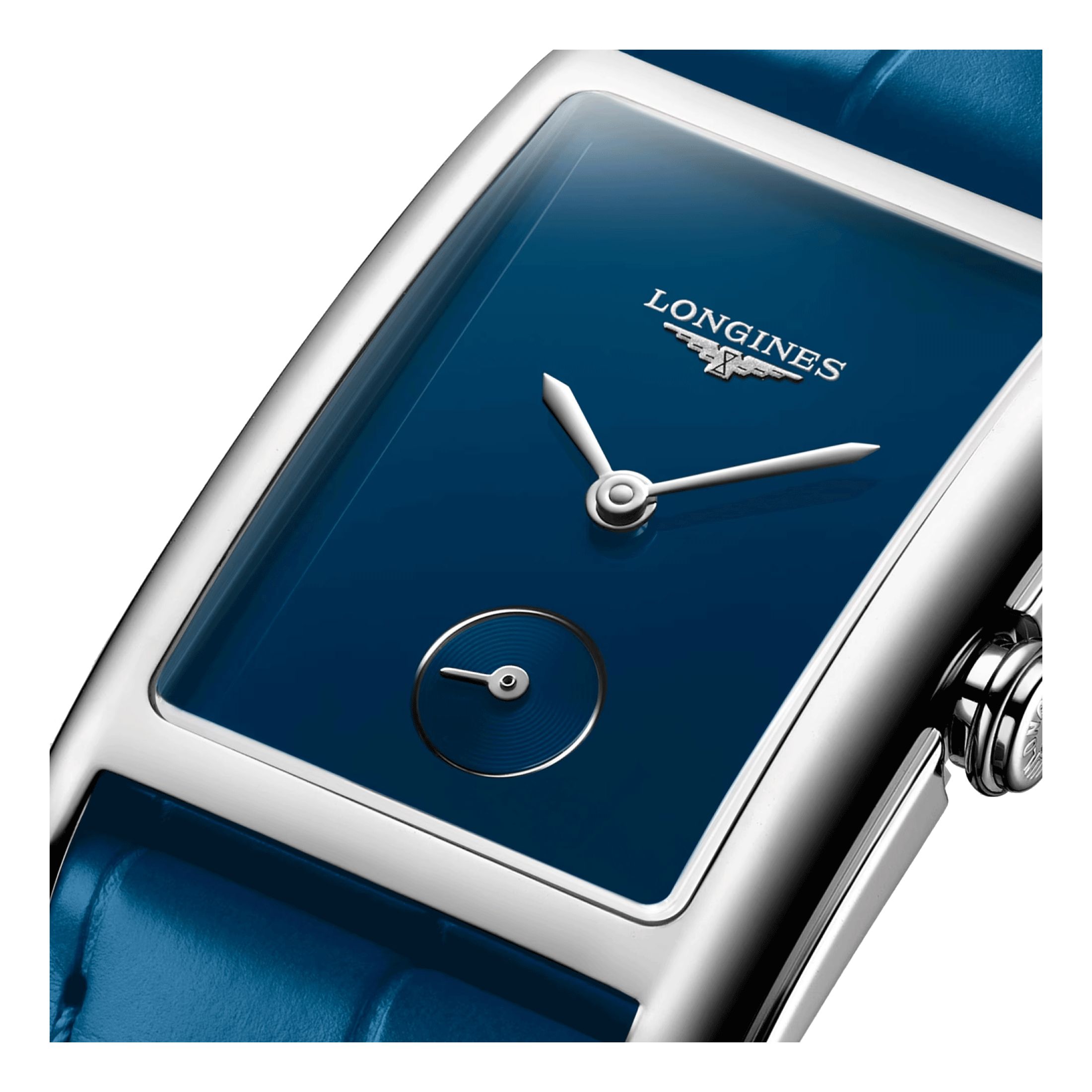 Longines DolceVita quartz watch blue dial blue leather strap 23 30 x 37 mm