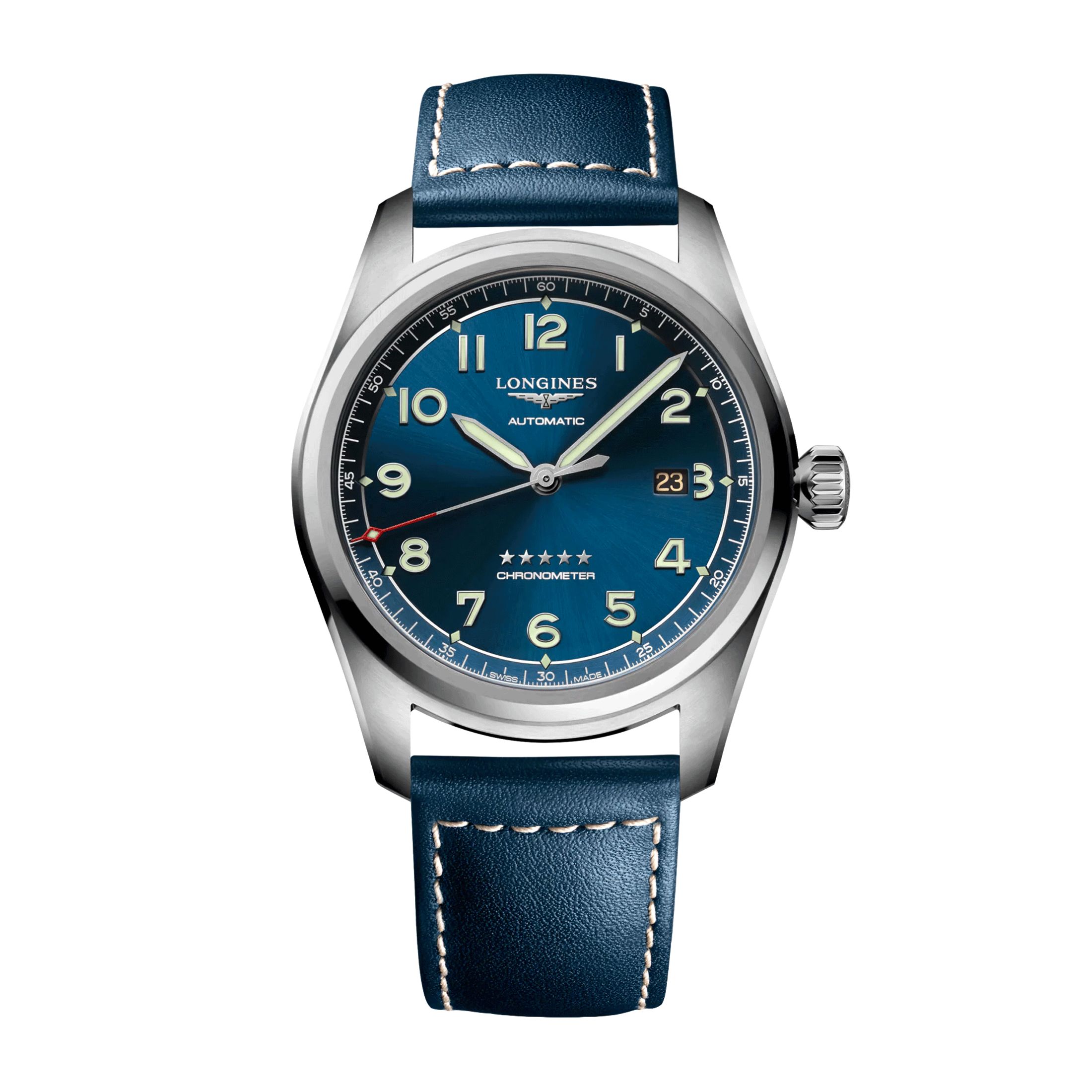 Longines Spirit car watch with blue leather strap blue dial 42 mm