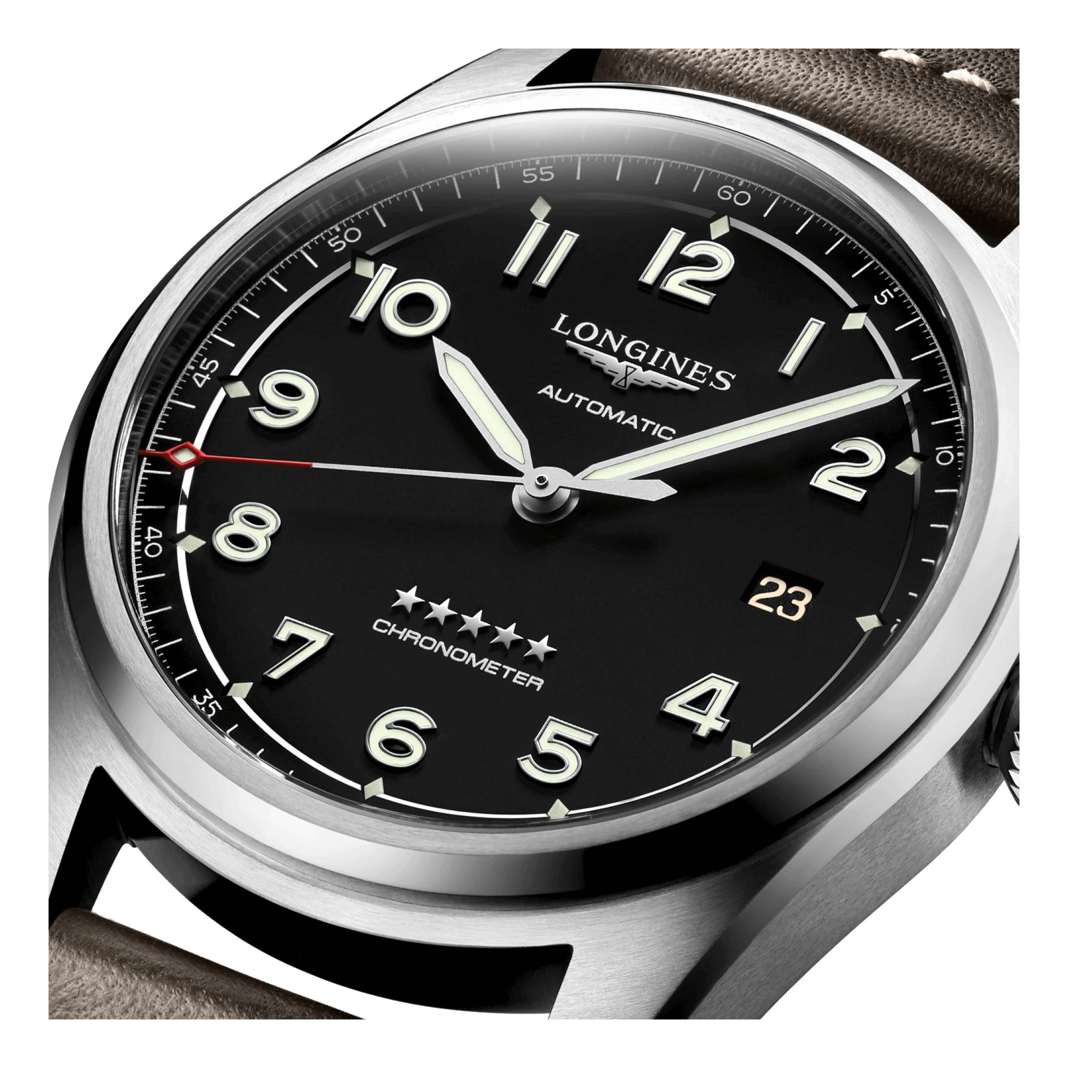 Longines Spirit automatic watch black dial brown leather strap 40 mm