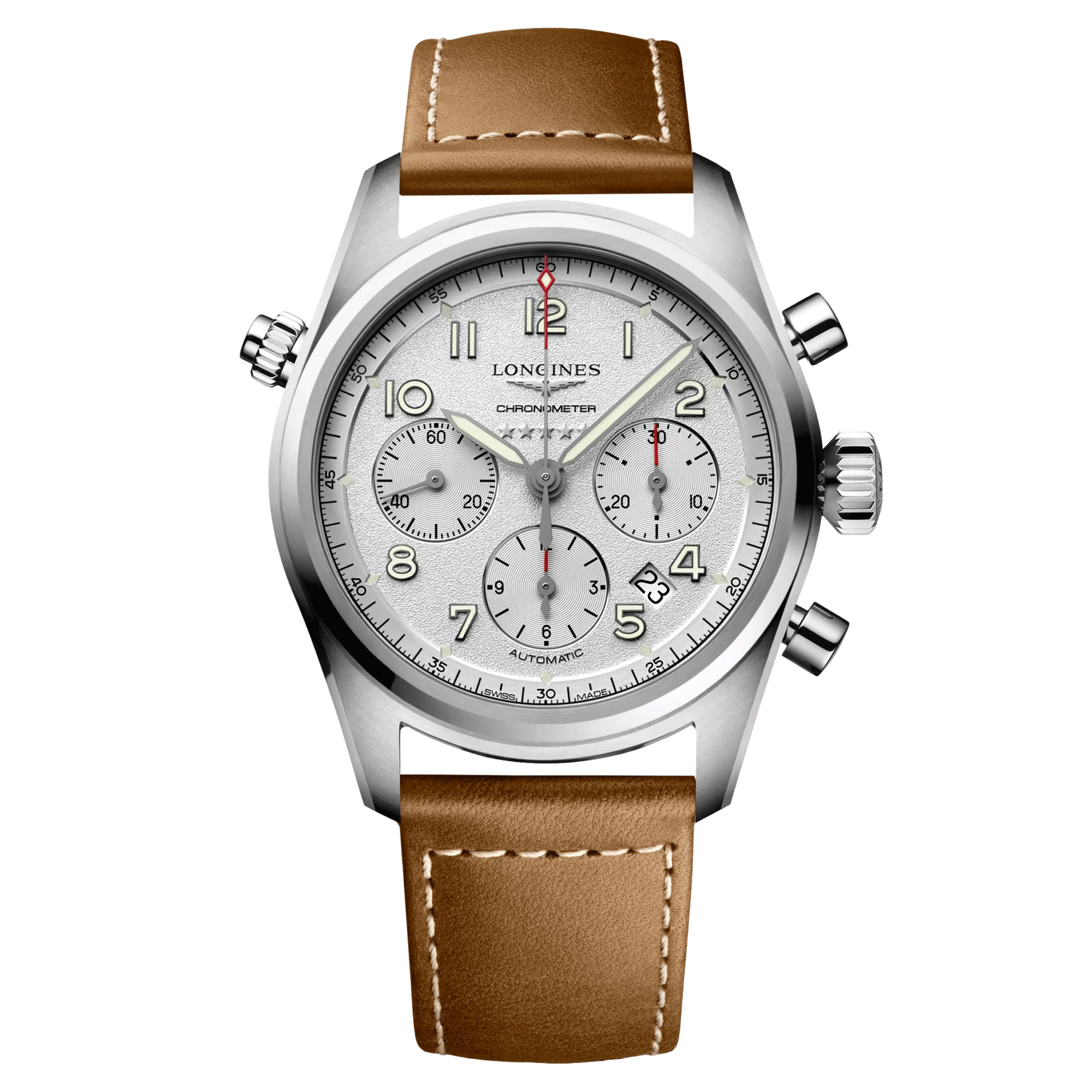 Longines Spirit Chronograph Car Watch Silver Plated Brown Bracelet 42 Mm