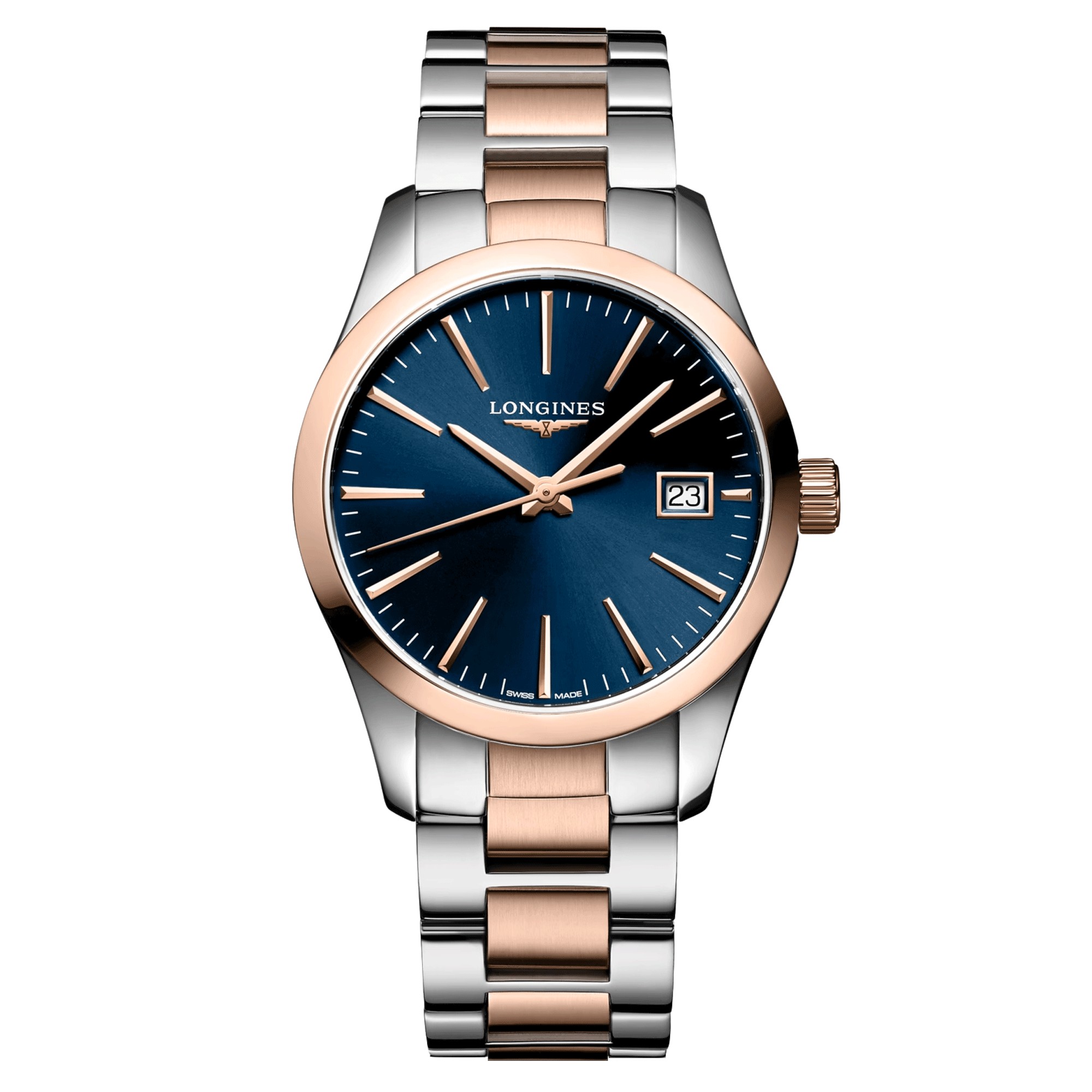 Longines Conquest Classic watch blue dial bicolor bracelet 34mm