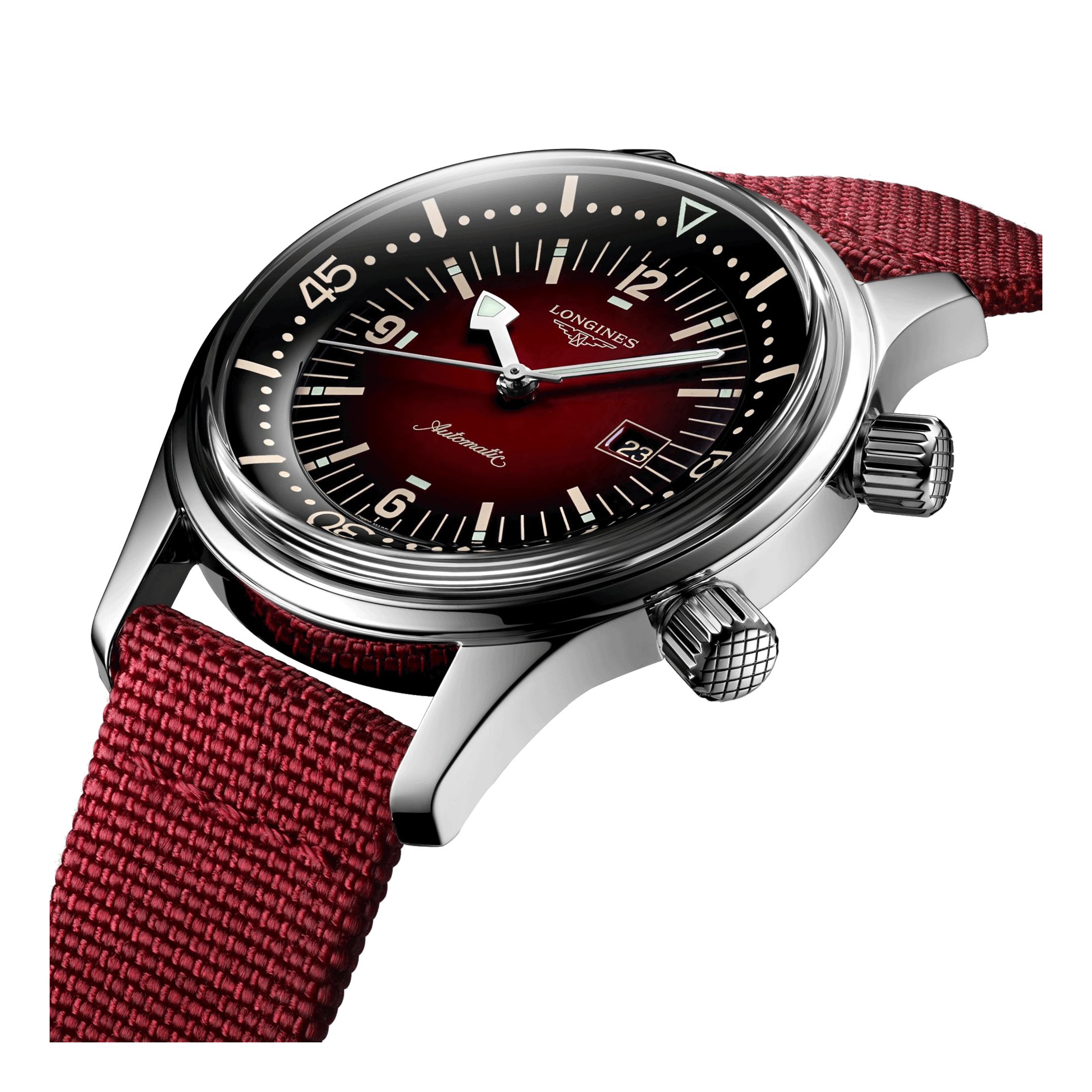 Longines Legend Diver automatic watch burgundy dial burgundy synthetic strap 36 mm