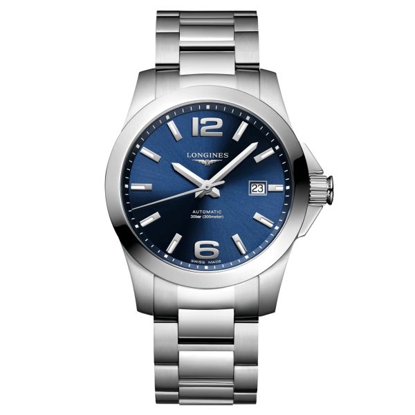 Longines Conquest automatic watch with blue dial and 41 mm steel bracelet