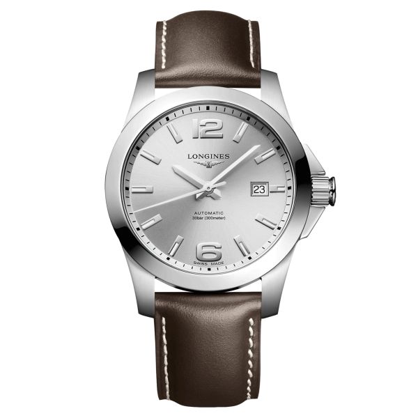 Longines Conquest automatic watch silvered dial brown leather strap 41 mm