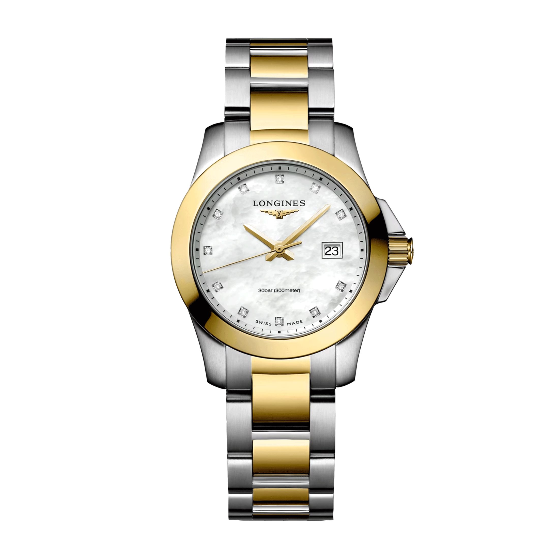 Longines Conquest quartz PVD yellow gold watch mother of pearl dial bicolor bracelet 29.50 mm