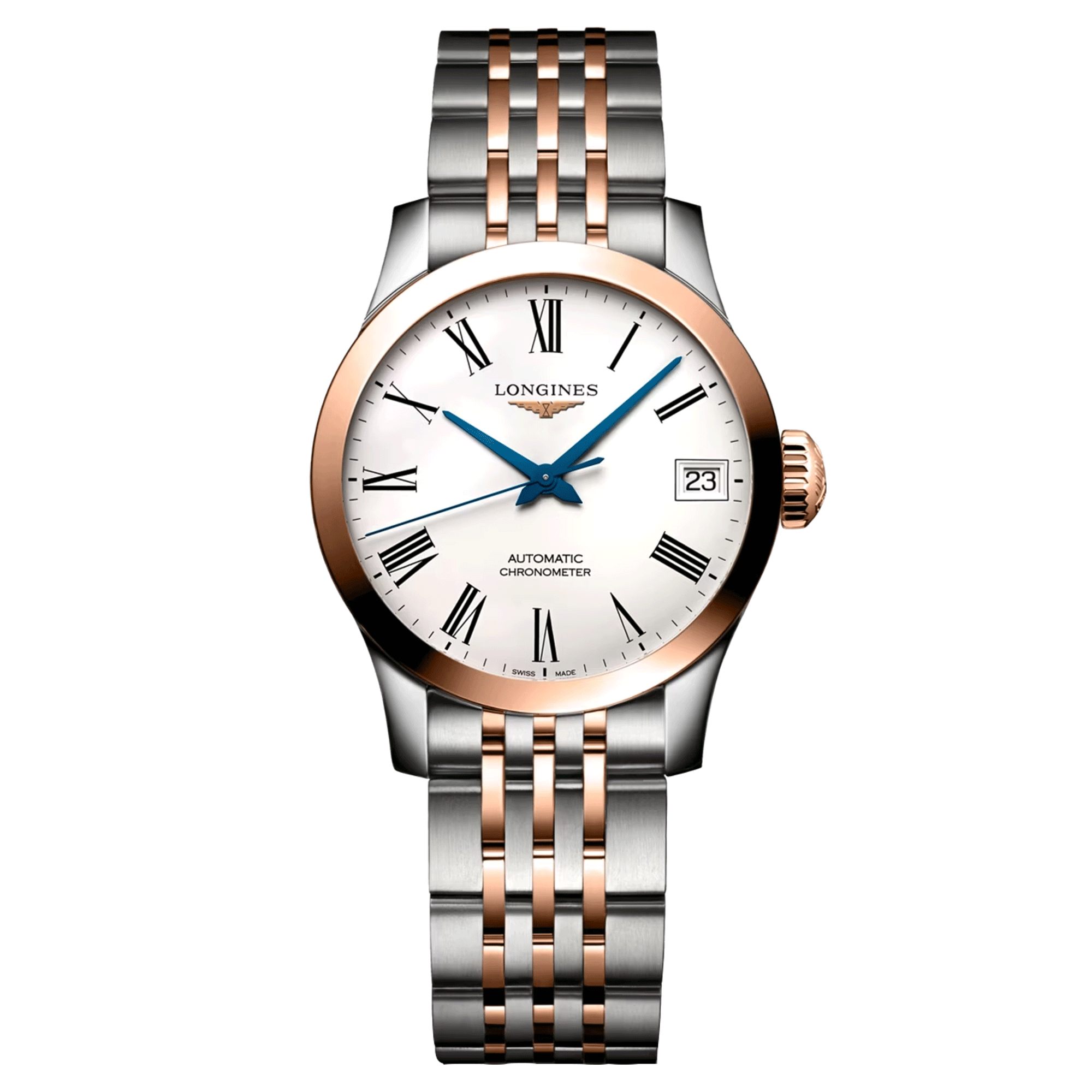 Montre Longines Record automatique chiffres romains bracelet or rose et acier 26 mm