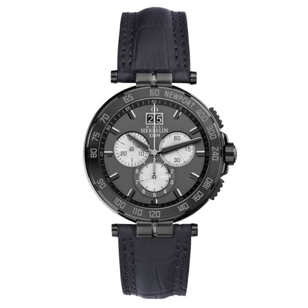 Montre Michel Herbelin Newport quartz chronographe acier PVD noir cadran anthracite bracelet cuir noir 42,5 mm