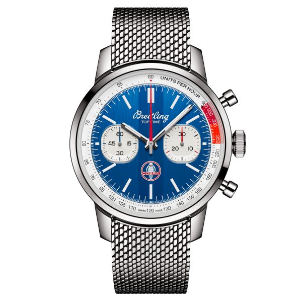 Montre Breitling Top Time B01 Shelby Cobra automatique cadran bleu bracelet acier maille milanaise 41 mm AB01763A1C1A1