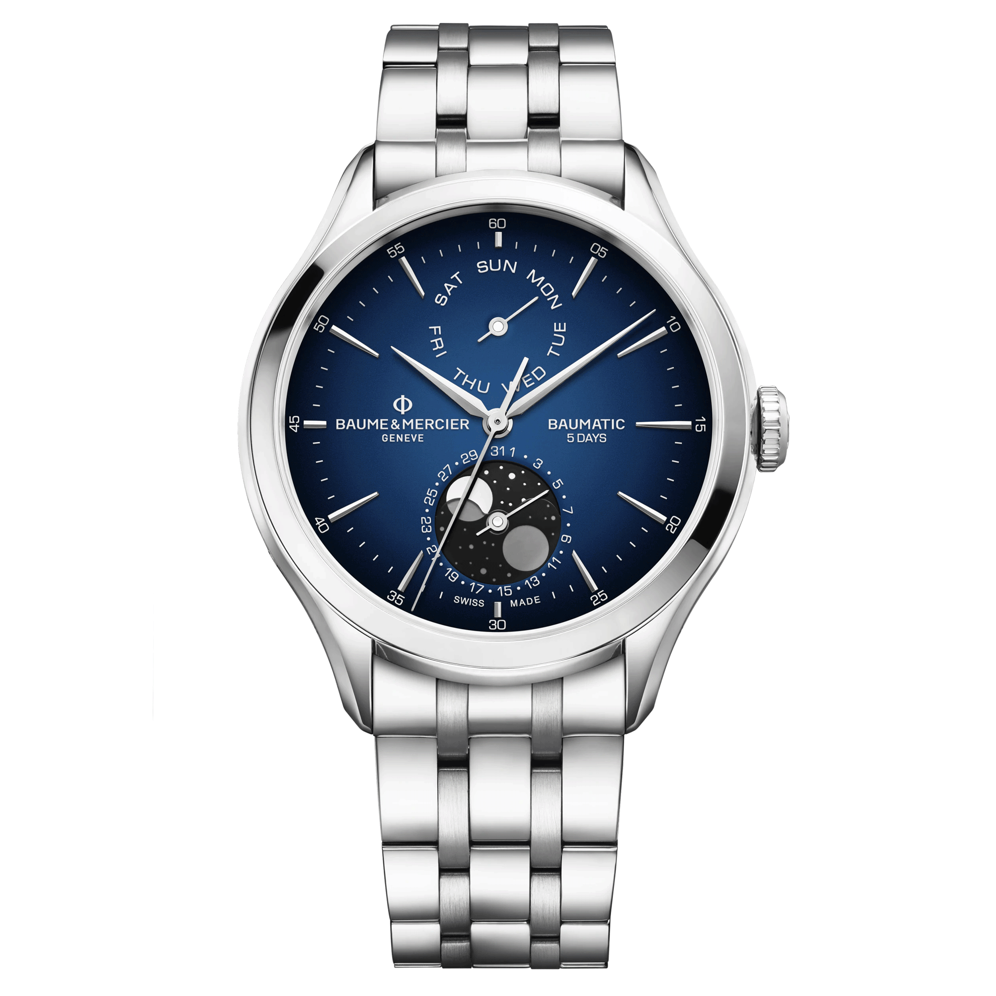 Baume et Mercier Clifton Moonphase automatic watch blue dial steel bracelet 42 mm