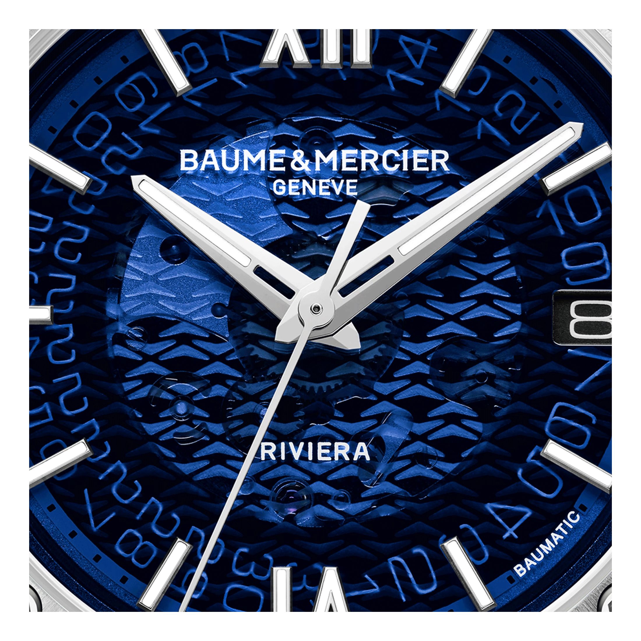 Baume et Mercier Riviera automatic watch blue dial blue leather strap 39 mm